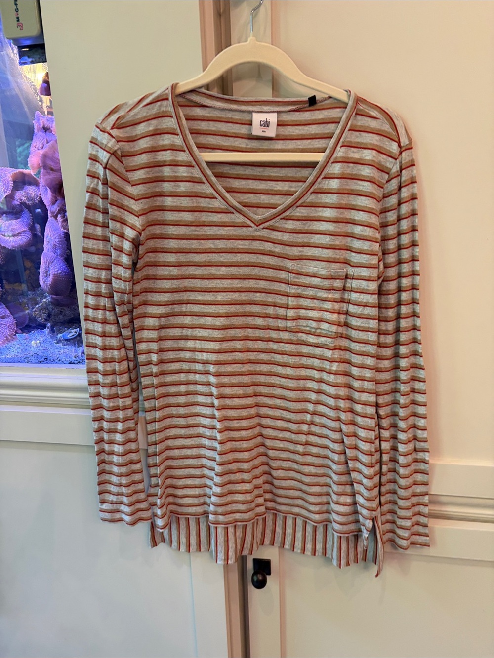 CAbi Rust and Cream Striped V-Neck Long Sleeve Top